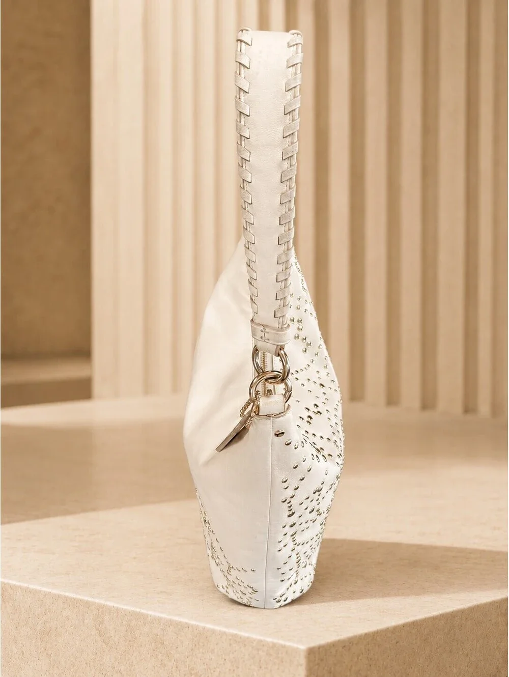 Coach Studded Leather Hobo Bag White Medium Shoulder Purse